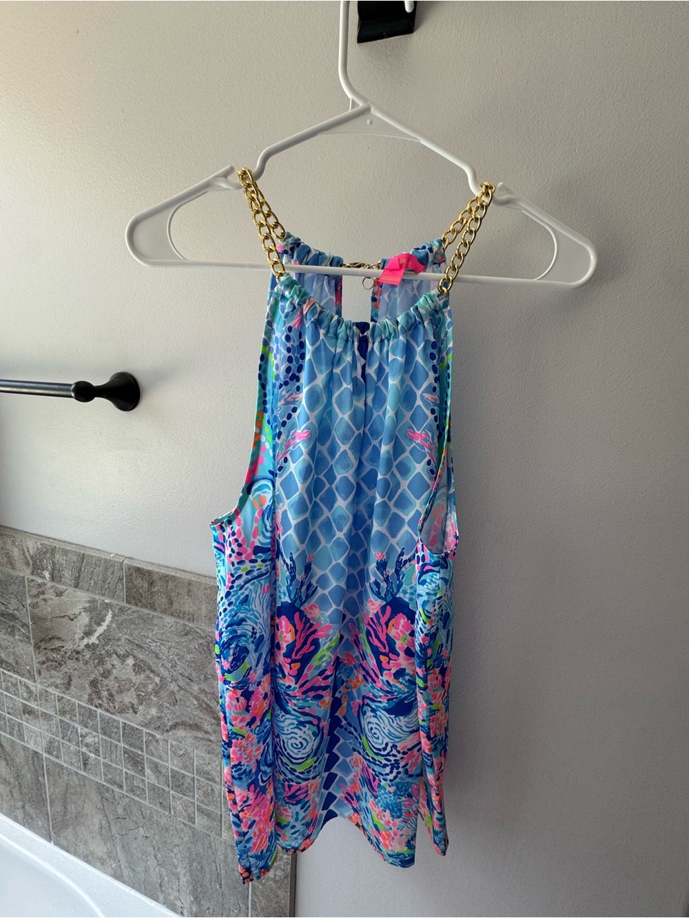 Blue Tropical Print Chain-Strap Tank